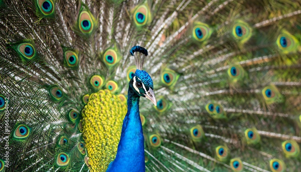 Fototapeta premium A vibrant peacock displays its stunning iridescent plumage, showcasing a mix of blues, greens, and yellows.