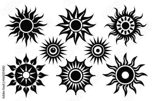 Black sunbursts and solar symbols vector
