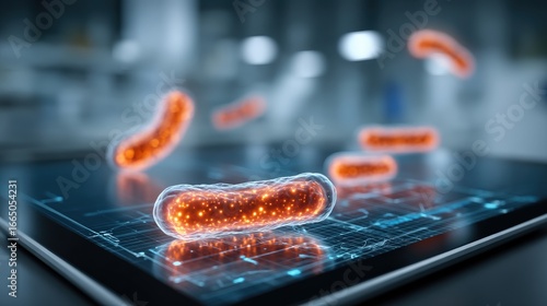Glowing orange bacteria cells floating above a digital interface on a tablet, representing scientific research and medical innovation