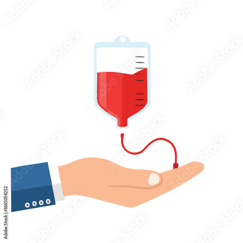Blood bag donation to open hand with blue suit blood donation medical