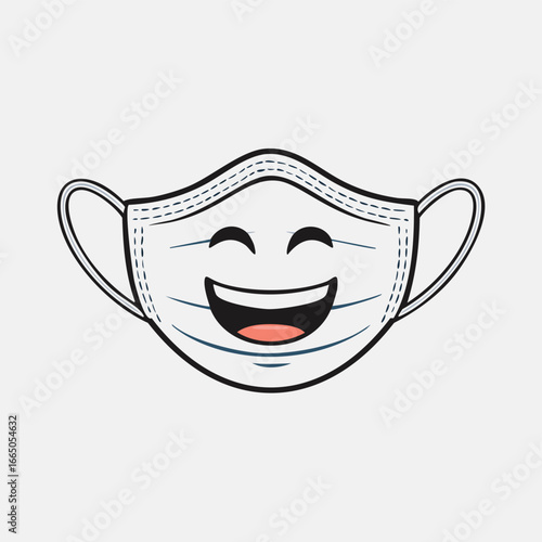 Happy smiling face medical mask with blue stitching and ear loops cartoon illustration