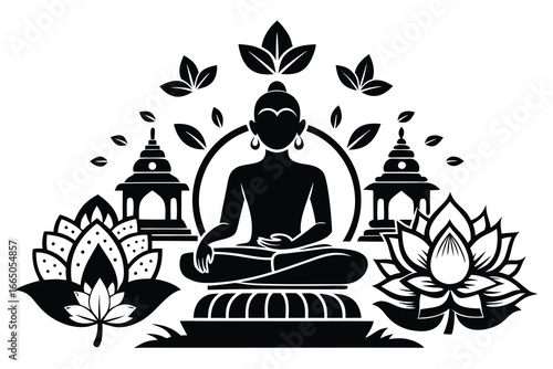Buddha meditating surrounded by lotus flowers and pagodas meditation