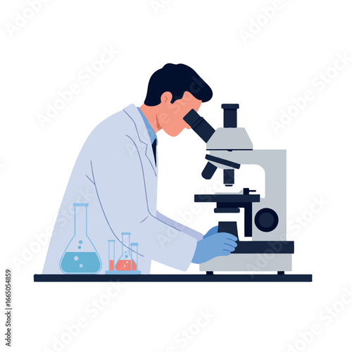 A dedicated scientist observes samples through a modern microscope in a clean laboratory setting, presented as a minimalist 2D flat vector illustration.