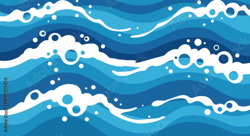 A stylized illustration of ocean waves with white foam and bubbles in various shades blue