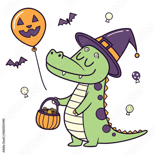 Cute Sleepy Crocodile, accessorized with with a balloon, in a Halloween world – Spooky Fun palette vector