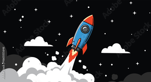 A cartoon rocket ship blasting off into a starry night sky with clouds