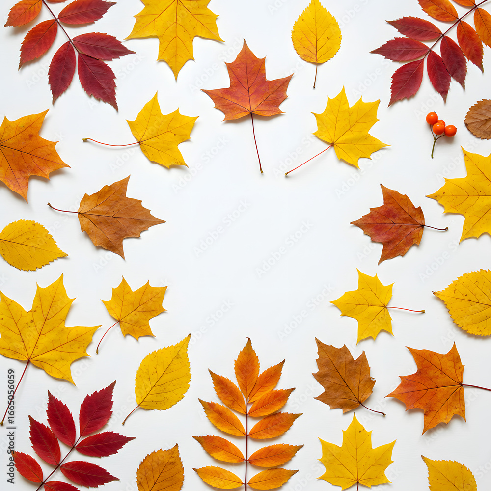 Fototapeta premium Autumnal Wreath: A vibrant arrangement of fall foliage, including maple, oak, and other leaves, artfully arranged to form a wreath-like design, capturing the essence of autumn.