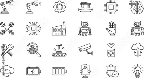 Assortment of Technological Icons Representing Robotics, AI, and Automation for Industry and Innovation