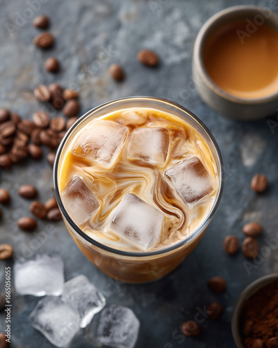 Overhead shot of iced latte in glass with milk swirl and ice cubes on dark stone surface, coffee beans and ice cubes scattered around, rustic cafe style