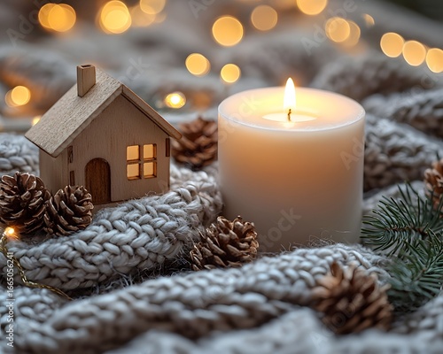 Cozy winter scene with a miniature house and candle