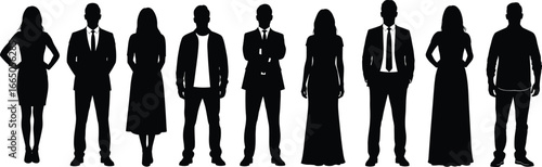 Silhouettes of men and women standing, formal and casual fashion, black figure clipart, people pose vector, professional outfit design, group illustration isolated