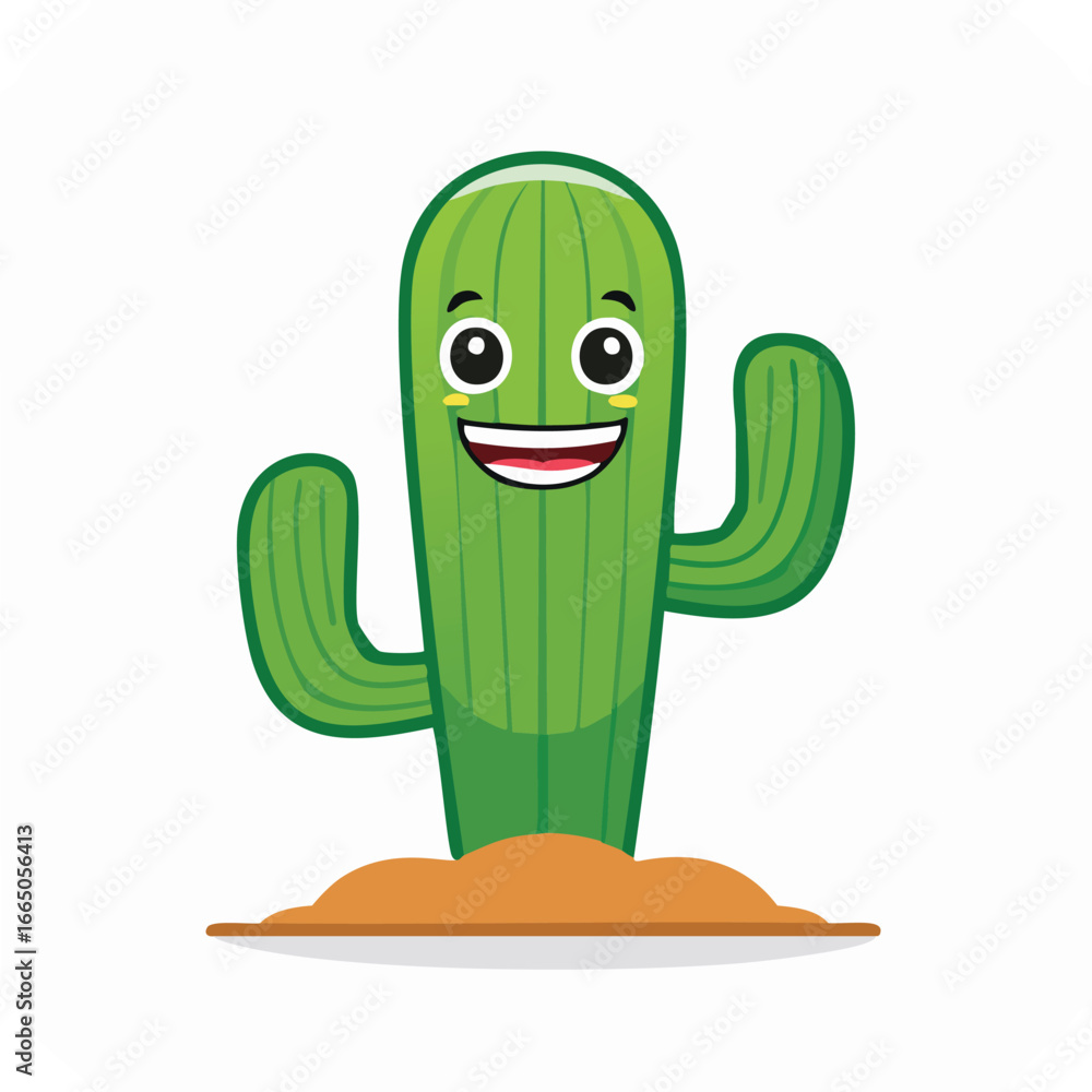 Fototapeta premium Smiling green cactus with arms in the dirt happy cartoon