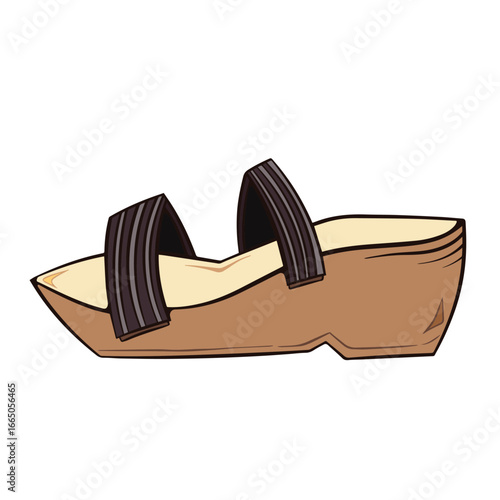 Brown wedges shoe sandal from side angle view. Colorful cartoon art styled drawing with outlines isolated on square white background.
