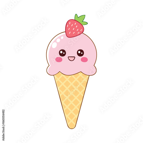 Smiling pink strawberry ice cream cone with cute face vector