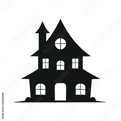 Spooky silhouette of a haunted house with pointed roofs and windows gothic architecture