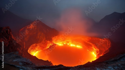 Fiery crater, molten lava lake