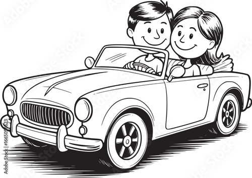 Open-Top Drive: A vintage convertible car is driven by a couple, joyfully experiencing a memorable journey