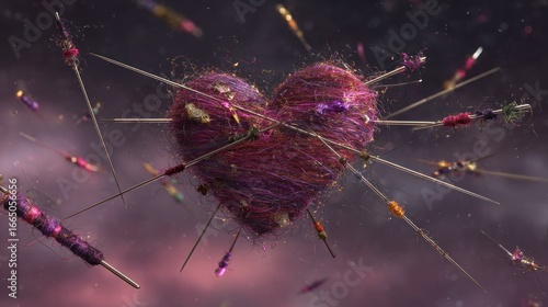 Heart pierced by colorful threads