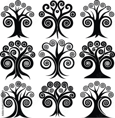 Stylized black trees with swirling branches and circular foliage white