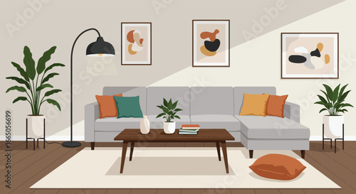 A modern living room with a gray couch and colorful pillows and plants
