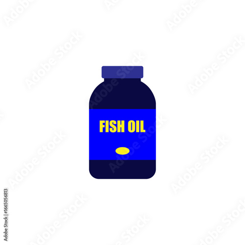 Fish oil logo icon sign. Omega-3 nutrition capsules in a bottle emblem. Fatty liquid of cod-liver extract, supplement. Organic vitamin essential in package. Vintage 80s 90s 00s old simple design