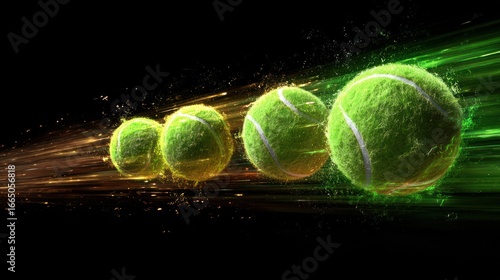 Tennis balls in motion, vibrant streaks