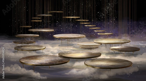 Golden, circular platforms, floating on clouds