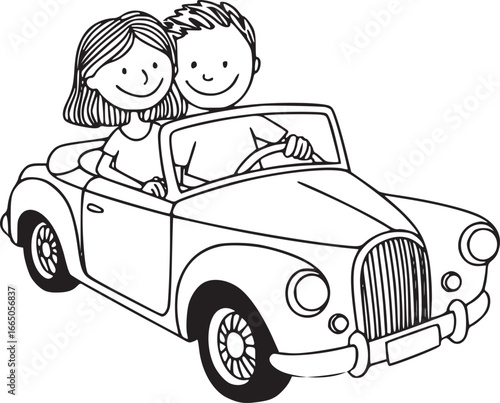 Couple Driving in Vintage Car: A line art illustration captures a happy couple, side-by-side, cruising in a classic car, evoking the spirit of adventure and freedom on a beautiful sunny day. 