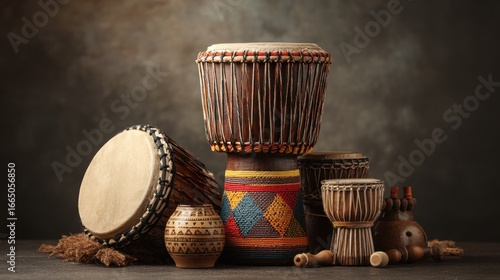Several African drums and percussion instruments on a wooden surface
