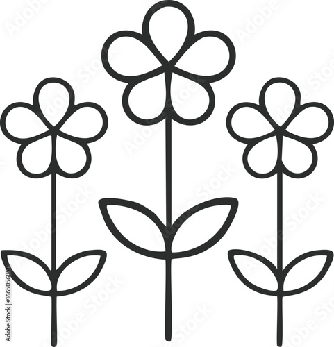 Three stylized flowers with leaves botanical nature