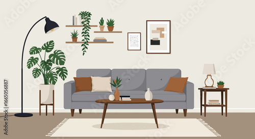 A modern living room with a gray couch and plants