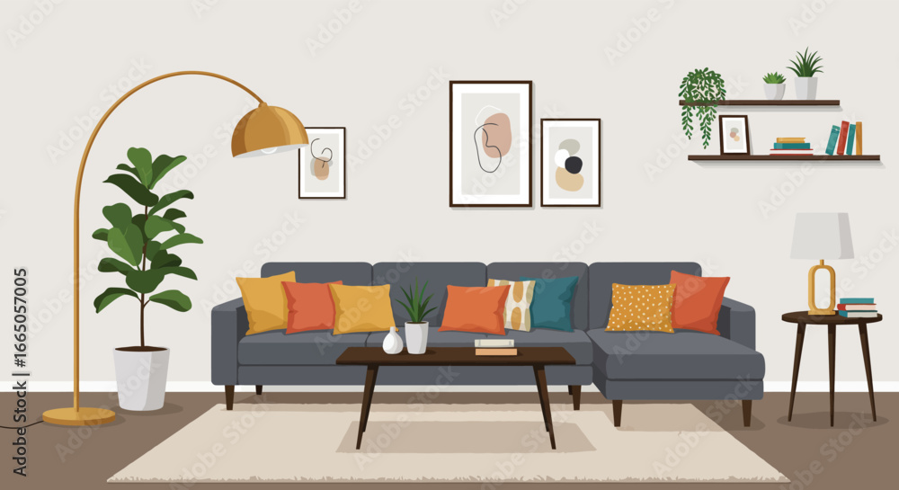 Fototapeta premium A modern living room with a gray couch and colorful pillows and decor