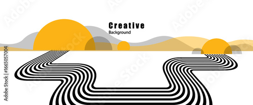 Future lines in 3D perspective vector abstract background, black and yellow linear composition, road to horizon and sky concept, optical illusion op art.