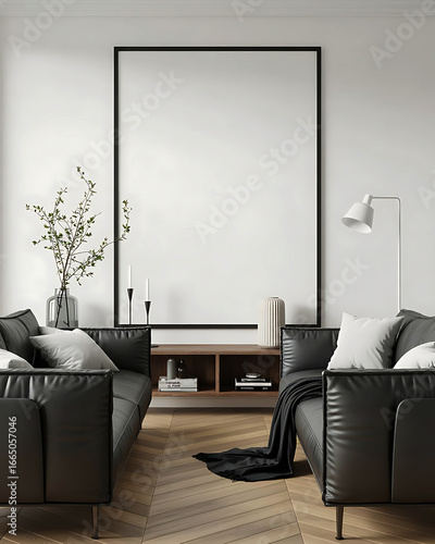 Modern living room with large framed blank canvas mockup for art or photography display sleek furniture and stylish decor