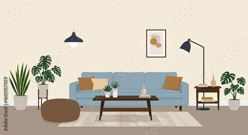 A modern living room with a blue couch and plants