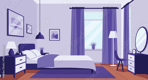 A modern purple bedroom with a bed and furniture