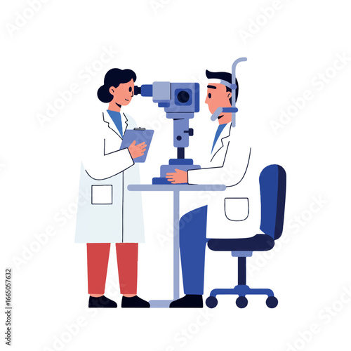 An ophthalmologist uses specialized equipment to examine a human eye, depicted as a minimalist 2D flat vector illustration with clean lines and solid colors on a pristine white background.