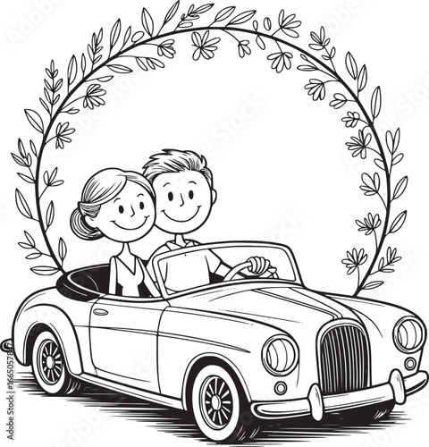 Wedding Couple Car Ride: A newlywed couple embarks on their journey of love, joyfully cruising in a classic car beneath a floral arch, symbolizing the beginning of their shared adventure.