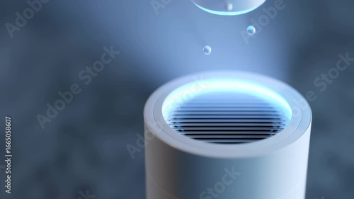 Air purifier top vent glowing blue light with airflow animation releasing small clean particles floating above device in modern indoor environment