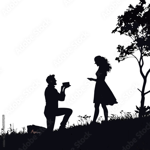 Silhouette of a man proposing to a woman on a grassy hill under a tree, , capturing a romantic moment filled with love and commitment