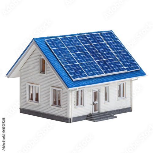 House with solar panels on transparent background