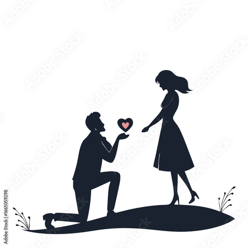 Silhouette of a man proposing to a woman with a heart, symbolizing love, romance, and commitment in a romantic relationship