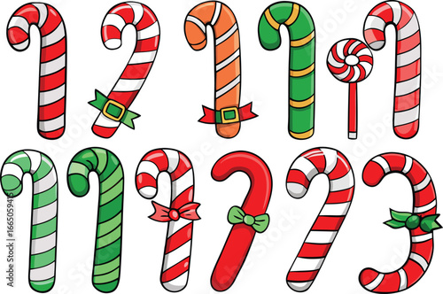 Vector art of assortment of colorful striped candy canes and a lollipop