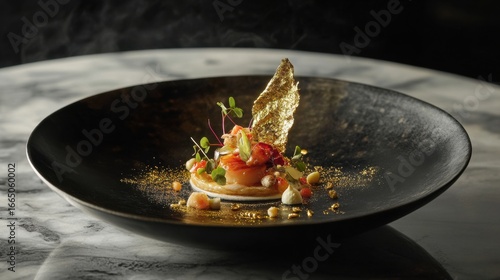 Molecular cuisine dish fully covered edible gold luxurious fine dining experience minimalist setting premium gastronomy 24-karat presentation.