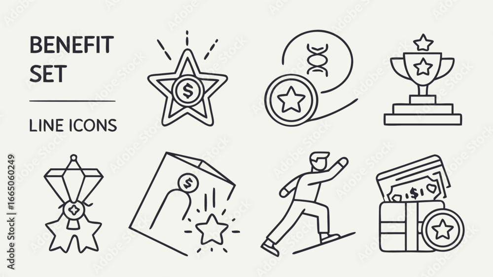 Fototapeta premium Benefit line icons set with Present, Benefit, Coupon, Reward, Card, Profit, Star, Gift and more. Editable Stroke