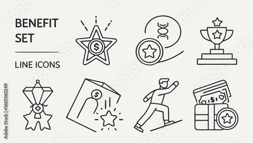 Benefit line icons set with Present, Benefit, Coupon, Reward, Card, Profit, Star, Gift and more. Editable Stroke