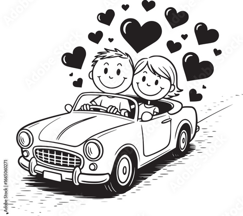 Love Ride: A charming sketch depicts a couple in a vintage convertible, surrounded by heart symbols. It's a visual metaphor for love, adventure, and the journey of life. 