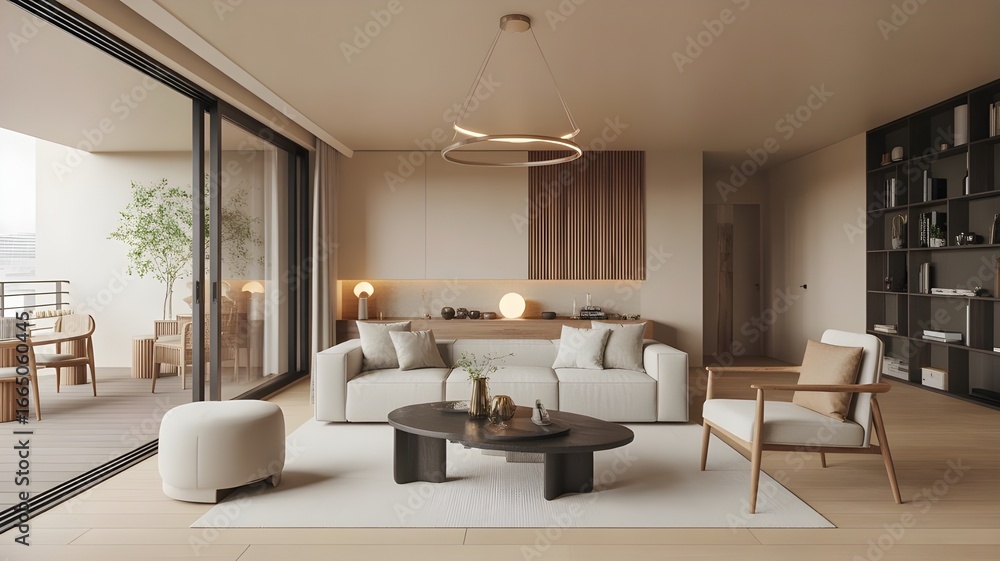 Fototapeta premium 3D Modern Luxury Living Room Interior Design with Minimalist Furniture