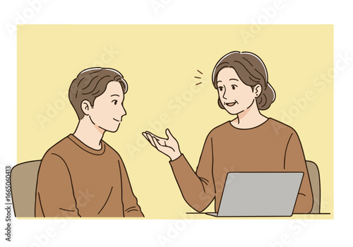 Woman explaining to man in front of laptop against plain background for career concept