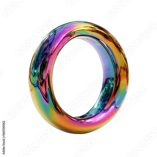A vibrant, iridescent, letter 
